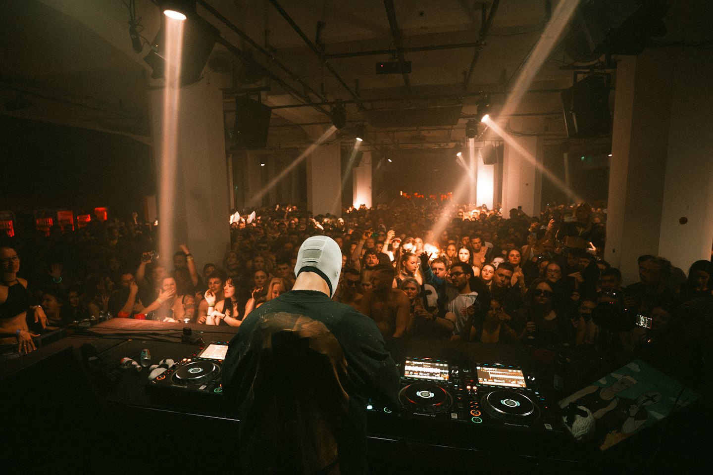 DJ performs on stage for a cheering crowd at concert.