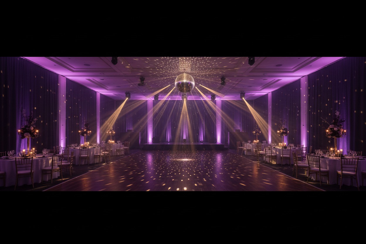 A large ballroom is set up for a formal event with purple lighting, round tables on the sides, and a large disco ball hanging above the center of a hardwood dance floor.